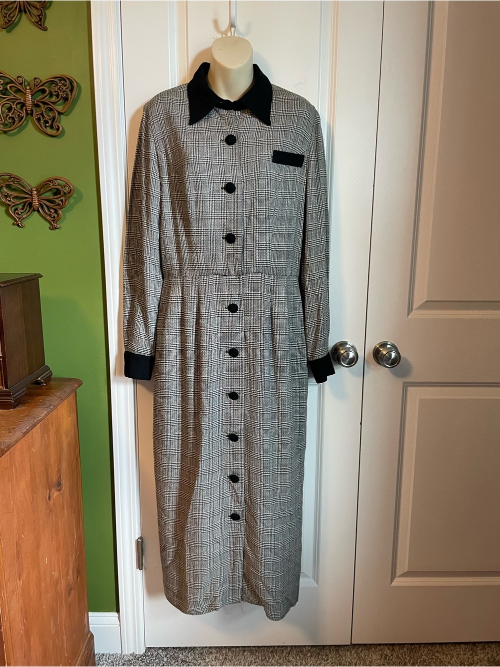 Vintage Spenser Jeremy Houndstooth Long Sleeve Button Down Black White Dress 10